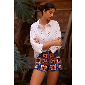 Farm Rio for Anthropologie Ultra High-Rise Crochet Denim Shorts / Size 2 / Blue